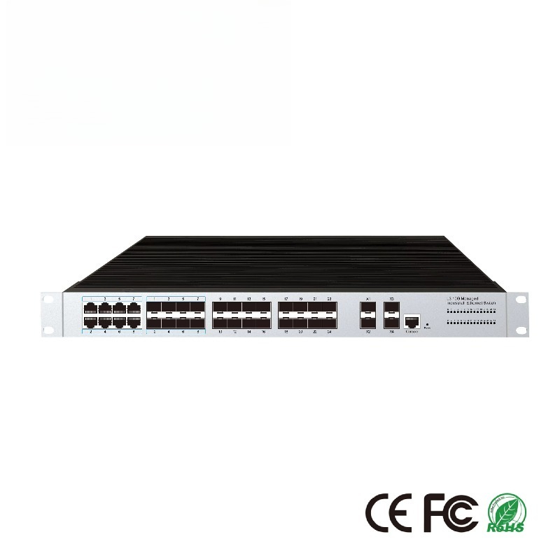 Switch 24 Port 10G Uplink - 24 SFPポート搭載産業用マネージドイーサネットスイッチ、8コンボポート、4つの10G SFPアップリンクポート、ERPSリング、ダイナミックルーティング、VLAN対応