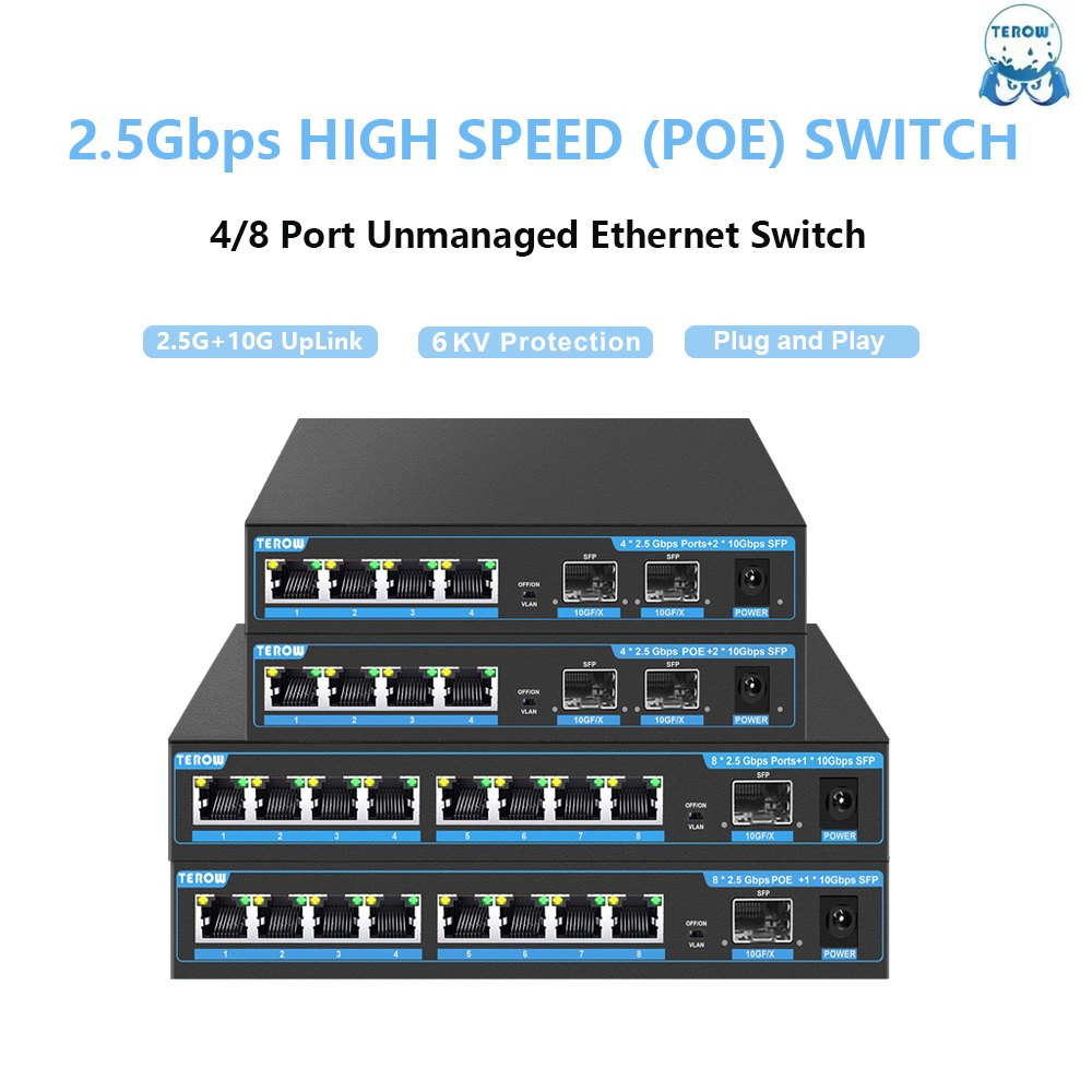 10G Sfp+ Switch 8 Port - Terow-ギガビットポピーネットワークスイッチ、イーサネットスイッチ、2.5g、10g、4、8ポート、2.5gbps、pe 1/2ポート、10gbps、sfpサポート、vlan