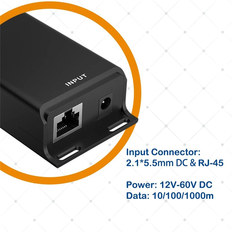 Poe Injector Gigabit 30W - ABUO ギガビットPoEインジェクター、12～60V入力、24VパッシブPoE出力、最大30W、MikroTik、太陽光発電システム用、黒色プラスチック製。