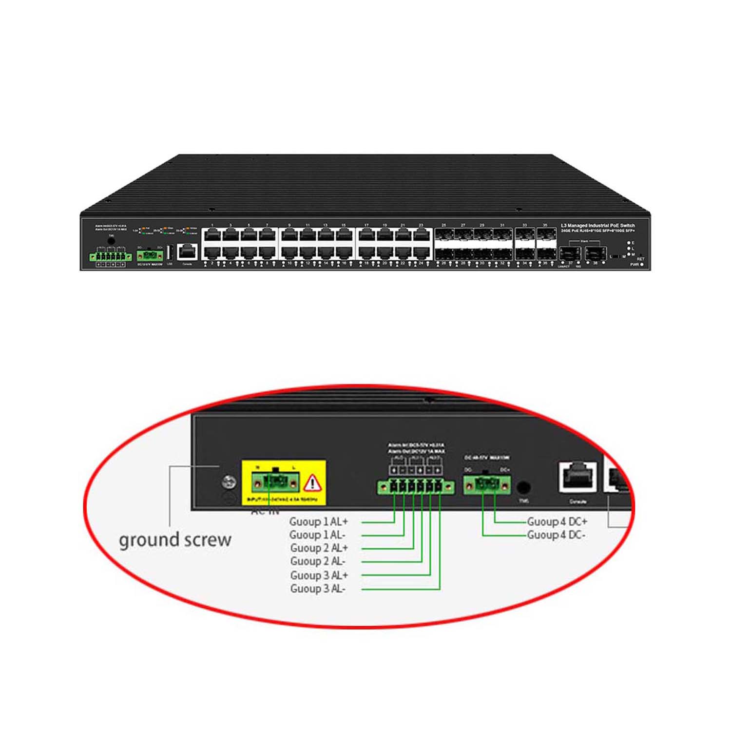 Switch 24 Port 10G Uplink - 10Gアップリンク38ポート産業用L3マネージドスイッチ、24*1G PoEまたは非PoE+8*1G SFP+6*10G SFP+、ロジカルスタッキング、リング動作、デュアルACおよびDC