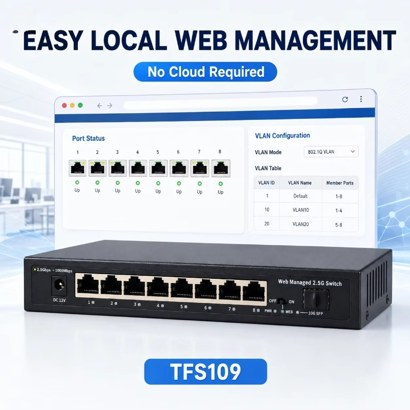 10G Sfp+ Switch 8 Port - 8ポート、2.5Gbの管理型スイッチ。1つの10G SFPアップリンクポートを搭載。Web管理対応ネットワークスイッチ。