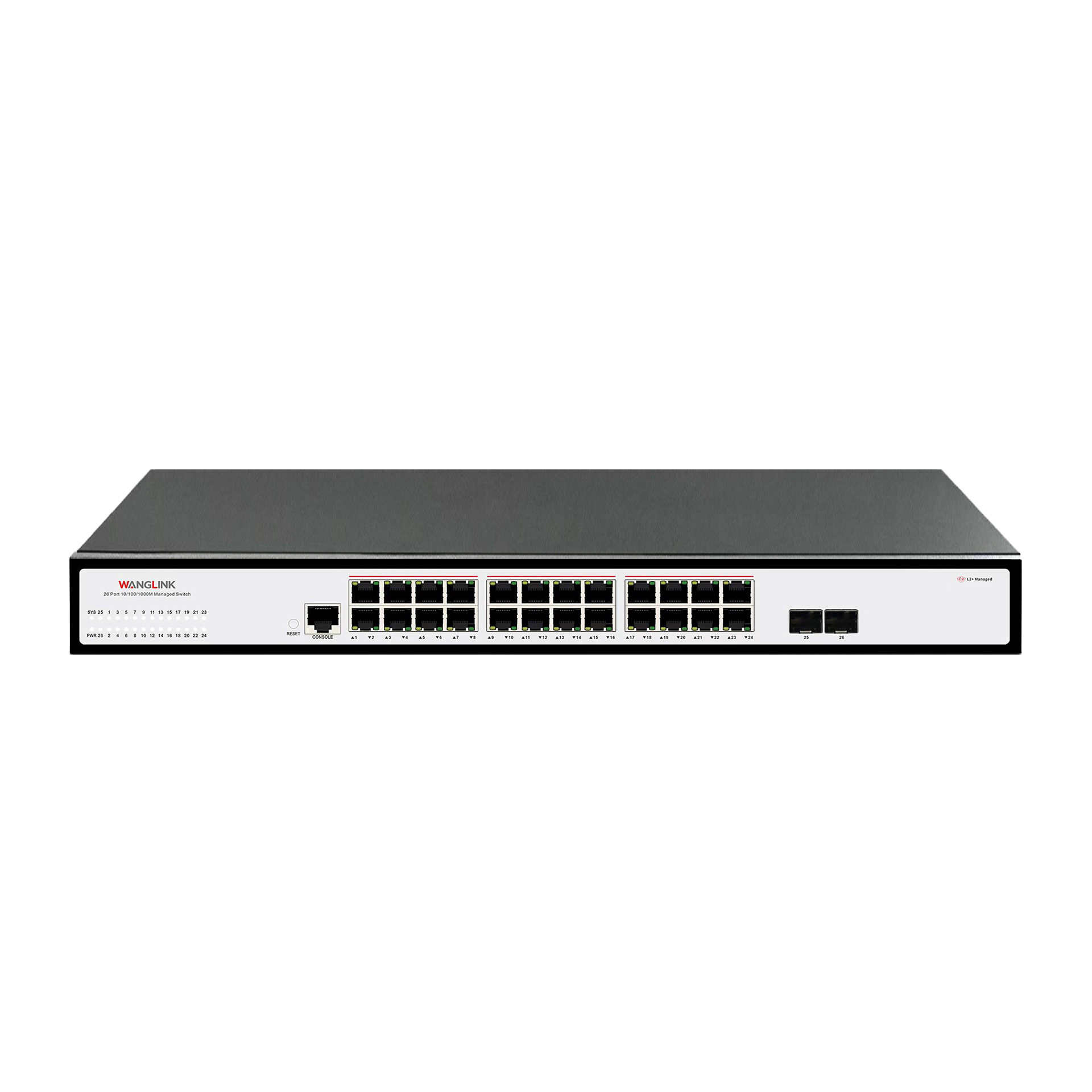 Managed Switch 24 Port Gigabit - ギガビット対応、24ポート、L2 PoEスイッチ、2つのSFPアップリンクポート、各ポート30WのPoE+、400Wの内蔵電源、ラックマウント対応、SMB。