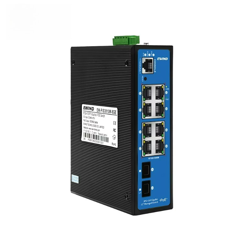 Industrial Switch Din Rail Gigabit - 8ポートPoE + 2ポートSFP光ファイバー、レイヤー2対応、フルギガビット、管理機能付き、DINレール取り付け可能、STP/RSTP/MSTP/ERPS冗長化対応、産業用PoEスイッチ