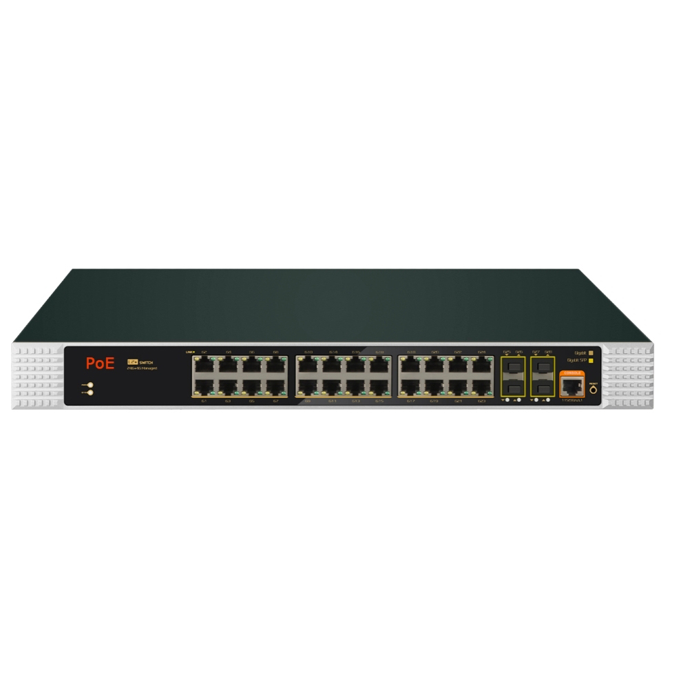 Managed Switch 24 Port Gigabit - ギガビット24ポート管理型産業用PoEスイッチ。24ポートPoE、4ポートSFP（VTS）、400W、VLAN、ERPS、監視機能搭載。