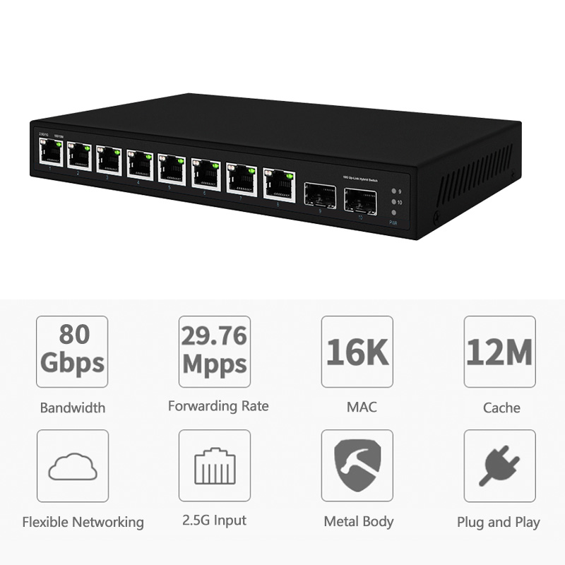 8 Port 2.5G Switch Unmanaged - 2026年型 8ポート 2.5G イーサネットスイッチ、2つの10G SFPポート搭載、100/1000/2500Mbps対応、アンマネージドネットワーク、PoE+対応スイッチ