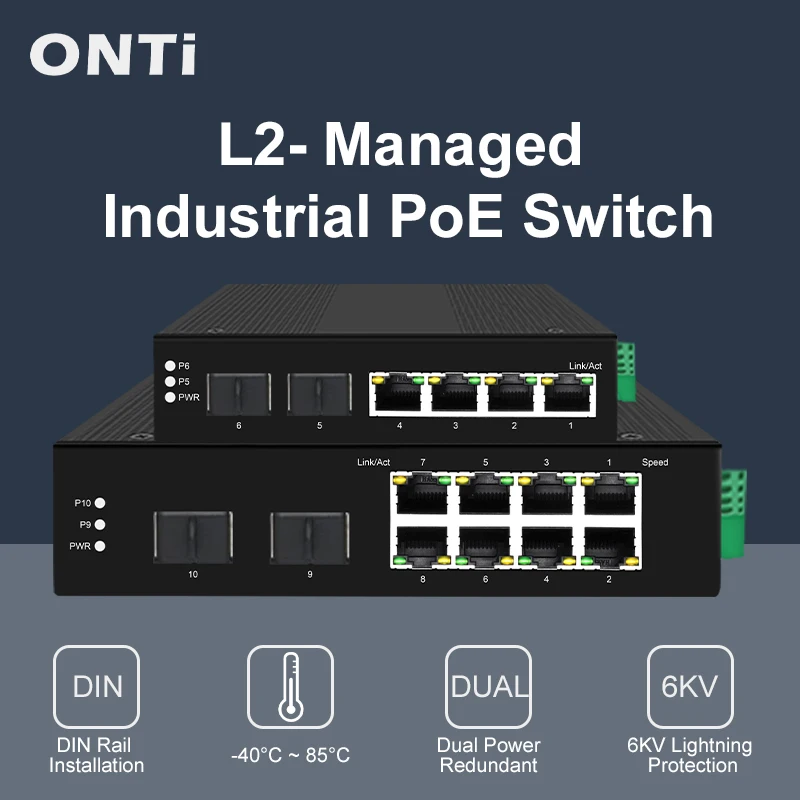 Industrial Switch Din Rail Gigabit - 産業用PoEスイッチ、4/8ポート、10/100/1000Mbps + 2ギガビットSFPスロット、DINレール取り付け、IP40規格、IEEE802.3af/at